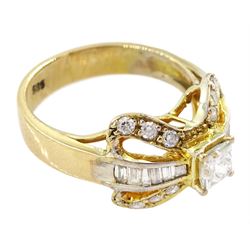 14ct gold diamond bow ring, the central princess cut diamond of approx 0.30 carat, with baguette and round brilliant cut diamond surround, stamped 585