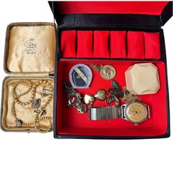 18ct gold diamond chip ring, 9ct gold garnet ring, two 9ct gold heart lockets and chain links, together with Richard automatic wristwatch and costume jewellery
