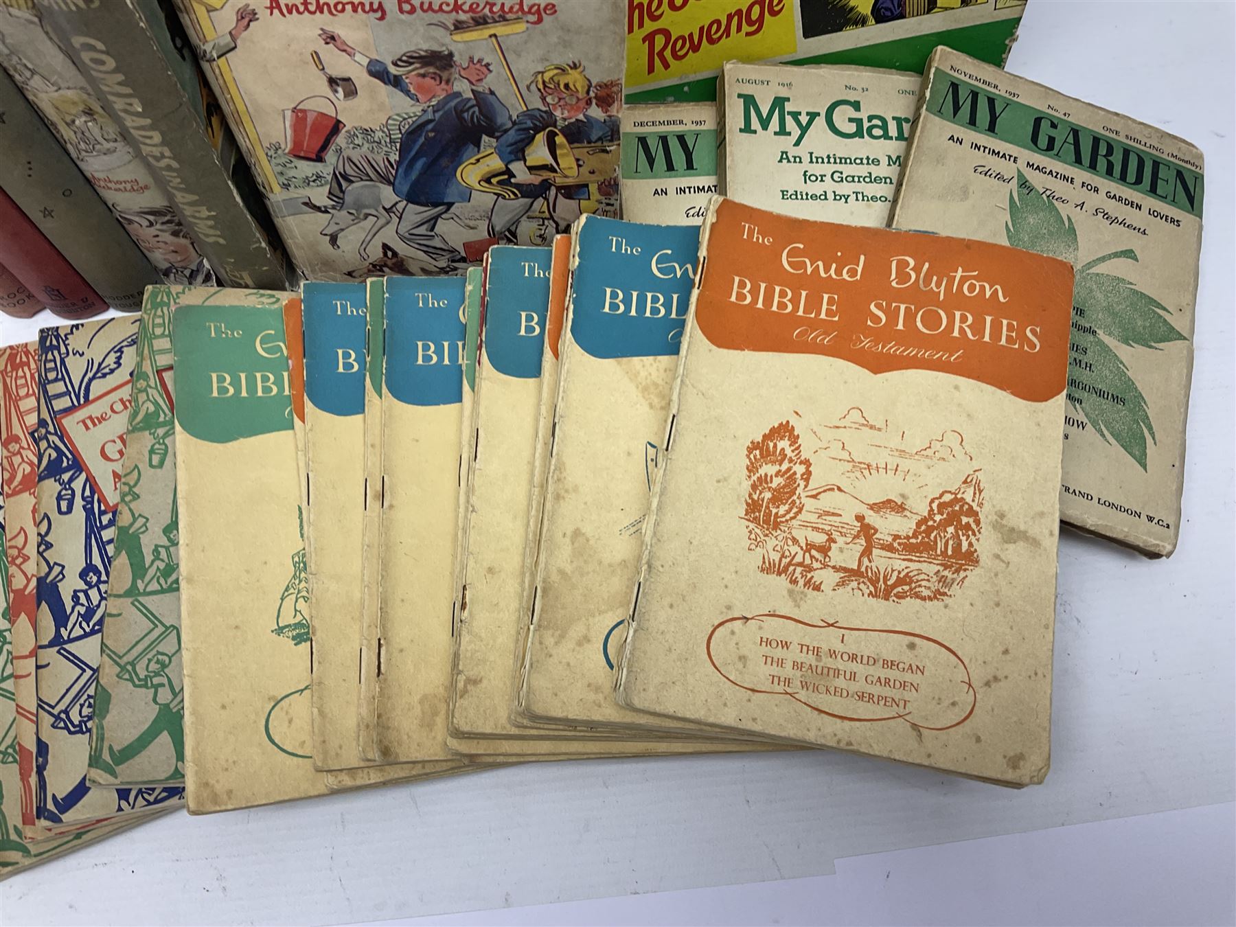 Collection of children's books, annuals and similar, including Enid Blyton; Bible Stories, full set of fourteen, Macmillan and Co 1955, Anthony Buckeridge; Rex Milligan Reporting, first edition Lutterworth Press 1961 and Rex Milligan Raises the Roof, second impression Lutterworth Press, 1956, apt. W.E Johns; Kings of Space, Biggles Follows on, Biggles Learns to Fly, Comrades in Arms, thee copies of My Garden an Intimate Magazine for Garden Lovers etc (29)