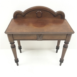  Victorian mahogany side table, shaped raised back, two drawers, turned supports, W92cm, H98cm, D45cm  