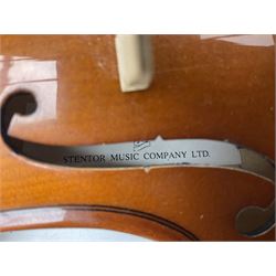 Four student violins - two Chinese three-quarter size with 33.5cm and 34cm two-piece backs; Stringers of Edinburgh quarter size with 28cm two-piece back; and Stentor quarter size with 28cm two-piece back; each in carrying case (4)
