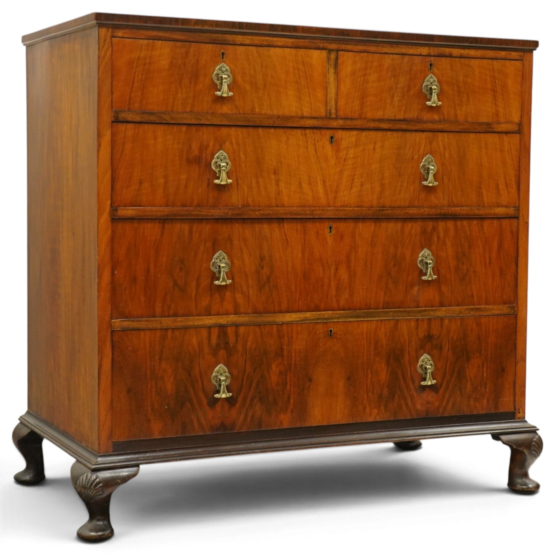 Early 20th century figured walnut chest, rectangular top with burr crossbanding, fitted with two short over three long drawers with brass drop-handles, lower moulded edge over shell-carved cabriole feet