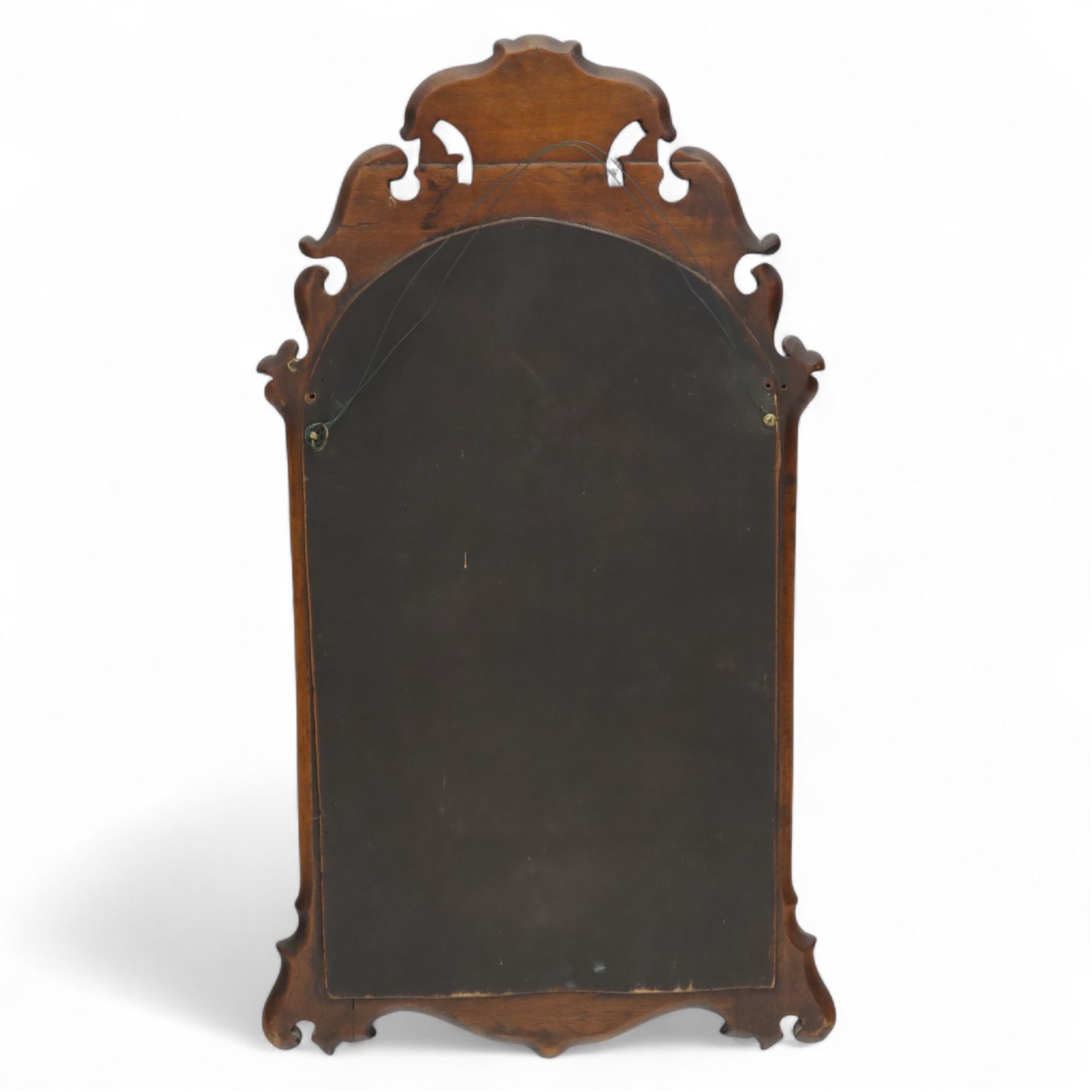 Three-piece mixed furniture lot, comprising an Edwardian mahogany occasional table with inlaid border and under-tier (H 70cm, W 54cm, D 38cm), a French parquetry corner cabinet with ormolu mounts (H 83cm, W 50cm, D 29cm), and a shaped walnut framed wall mirror with scroll cresting (H 75cm, W 43cm)