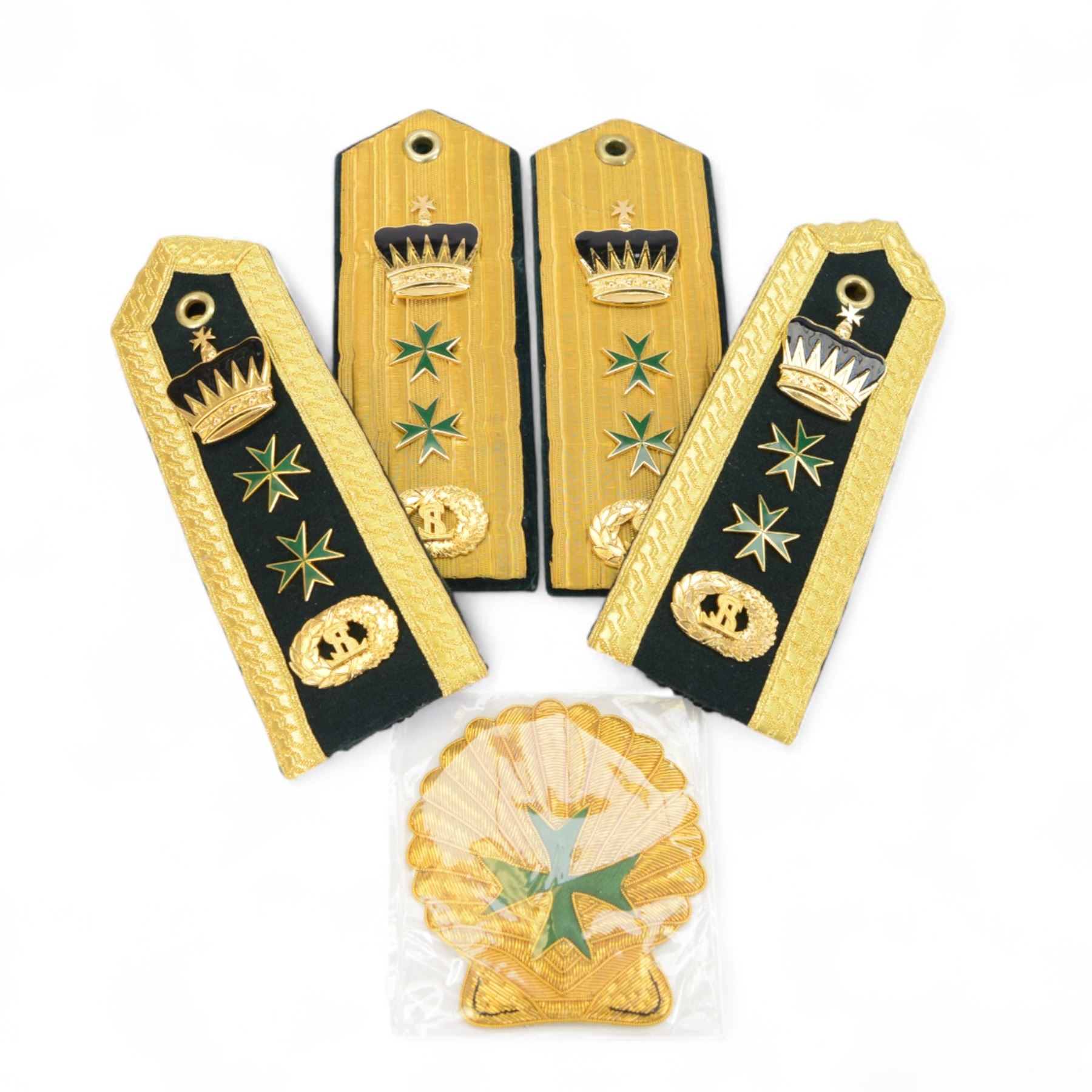 Military and Hospitaller Order of St. Lazarus of Jerusalem, Knight of Grace, collection of jewels, medals and other items, including breast badges, necklace, epaulettes, cloth badges etc, serval items in cases marked Tote, Kenning & Spencer Ltd 