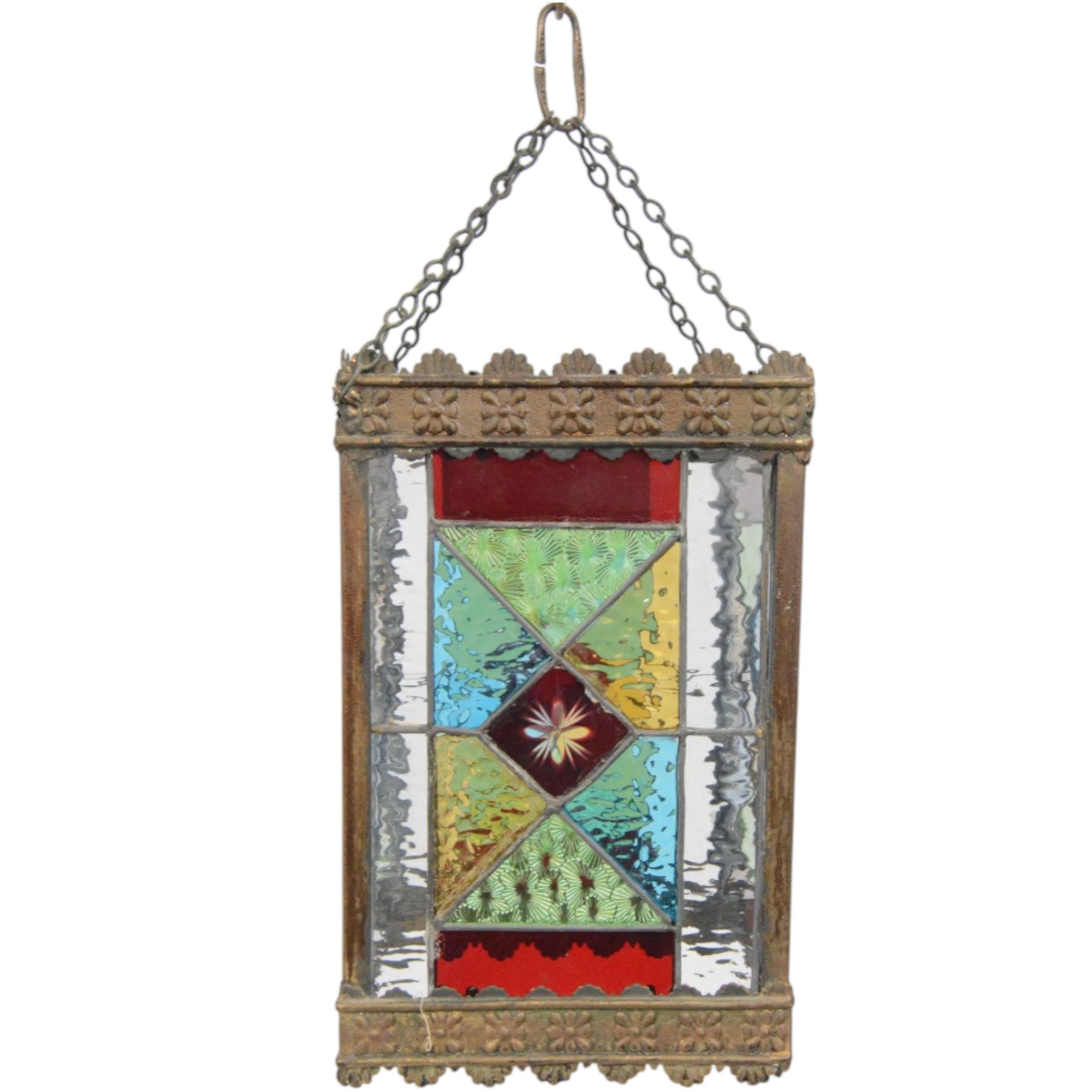 Edwardian metal framed hanging hall lantern, of rectangular form, with leaded stained and clear glass panels, H28cm