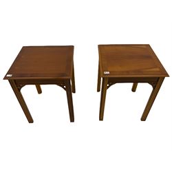 Pair of Georgian style yew wood square lamp tables, with glass tops