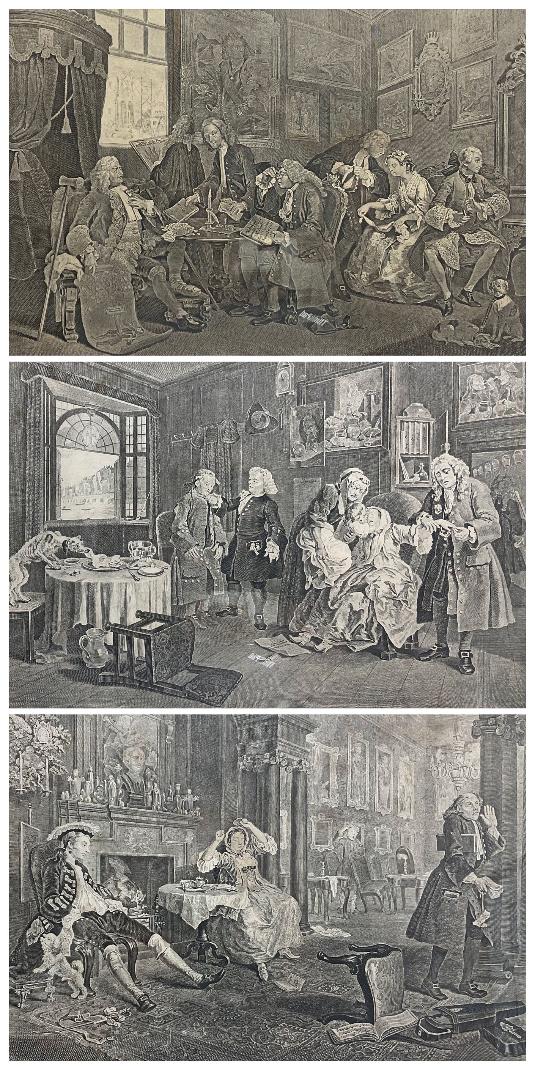 After William Hogarth (British 1697-1764): 'Marriage A-la-Mode' - 'The Marriage Settlement I' 'The Tête à Tête II' and 'The Lady's Death VI', three engravings originally pub.1743-1745, 35cm x 45cm (3)