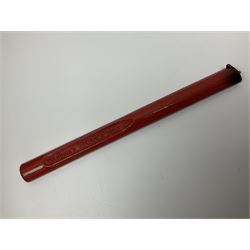 19th century burr yew wood tea caddy, of sarcophagus form, with strung details and brass mounts, the interior split into three compartments, upon four brass bun feet, together with an oak and brass bound writing slope, with red leather interior with gilt detailing, largest H16cm, W40cm