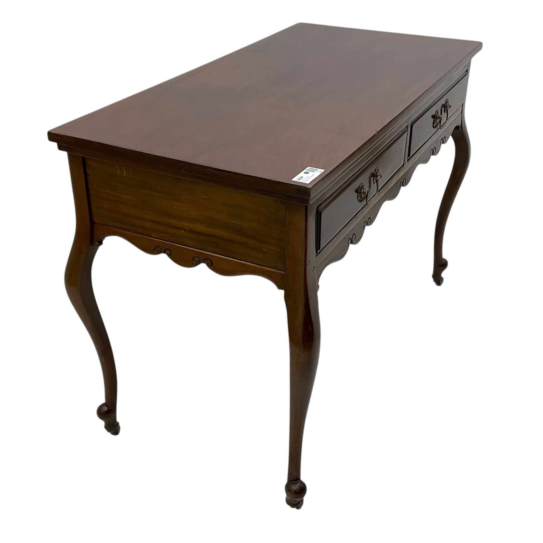 Late Victorian mahogany side table, rectangular top over two drawers and shaped apron, on cabriole supports with brass and ceramic castors