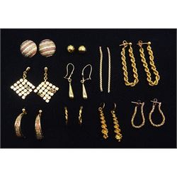 Ten pairs of 9ct gold stud earrings including half hoop and pendants