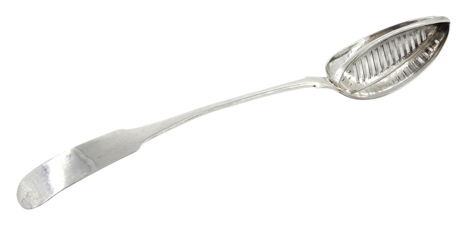 George III Irish silver straining spoon, Fiddle pattern by Richard Sawyer, Dublin (1805-1812), approx 4.8oz 