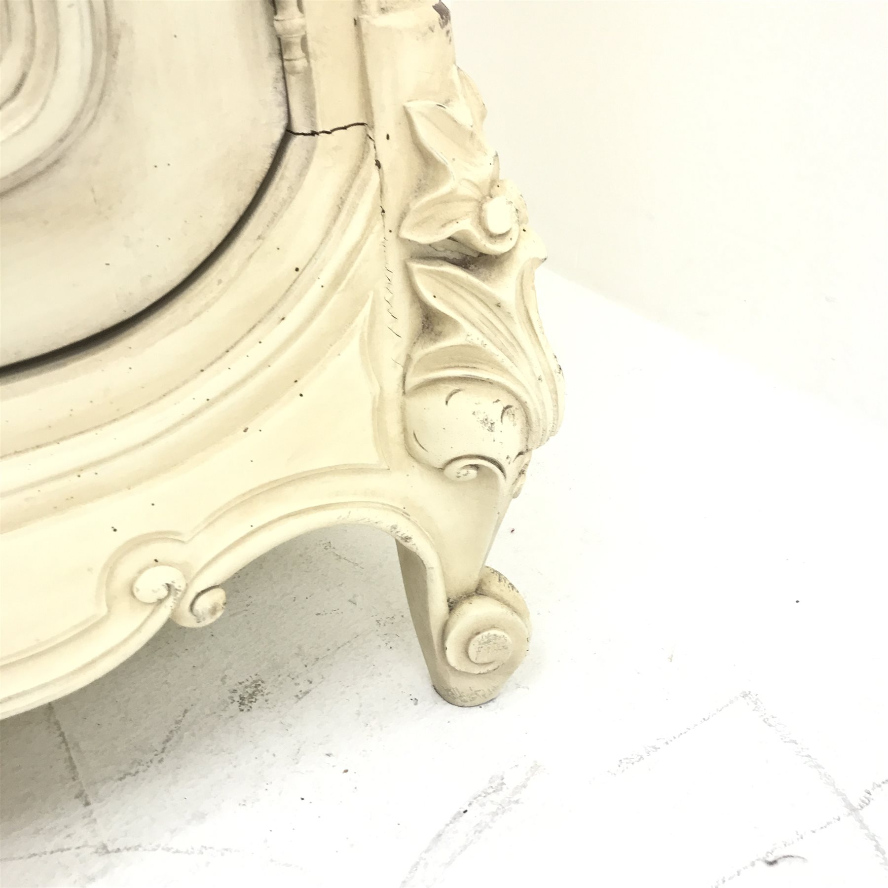 Large French style wardrobe, arched top with pediment, single mirrored door enclosing hanging rail and shelves, acanthus carved cabriole feet, W112cm, H240cm, D60cm