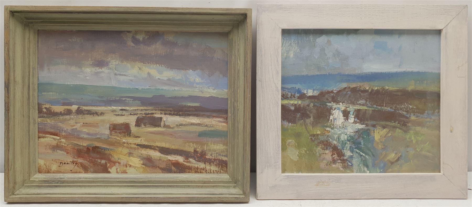 William B Dealtry (British 1915-2007): Hay Bales in the Field and Moorland Stream, two oils on board, one signed, 27cm x 35cm and 27cm x 30cm (2)