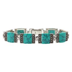 Silver turquoise and marcasite rectangle link bracelet, stamped 925 