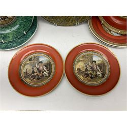 19th century Prattware table ware to include an oval footed dish decorated with a scene after Landseer 'Highland Music', retailed by James Muggleton L27.5cm, ‘The Truant’ plate after T. Webster, 'Blind Man's Buff' & 'Snap Dragon' tea plate, two side plates with malachite printed borders and others (17)