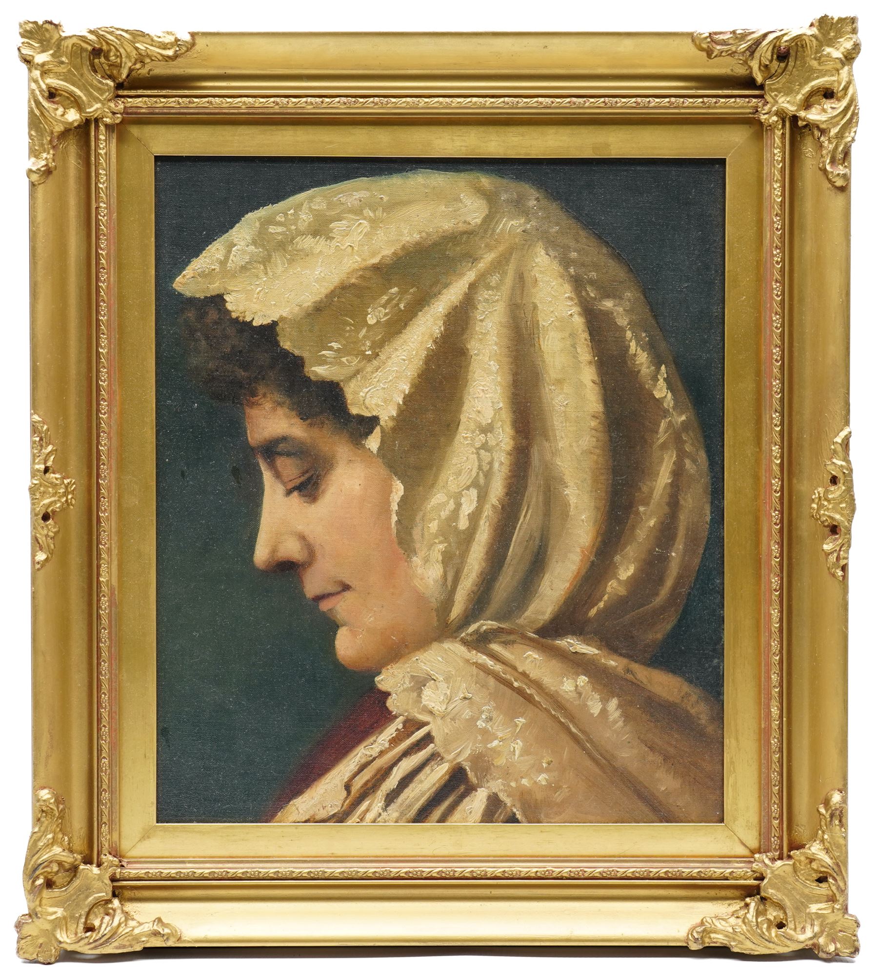Italian School (Late 19th/Early 20th century): Side Profile Portrait of a Woman in a Headscarf, oil on canvas board unsigned, indistinctly inscribed verso 35cm x 30cm