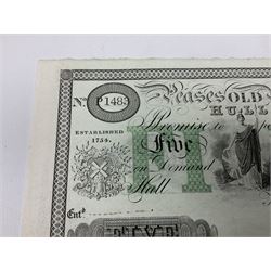 Pease's Old Bank Hull, five pounds banknote for Pease & Sons, numbered P1483, with 'Peases Old Bank, Hull' to the reverse