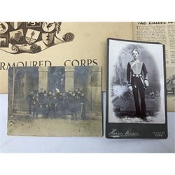 Modern album containing over sixty postcards and photographs including memorial portraits of KIA soldiers, regimental crests, comic, WW1 embroidered silk, uniforms, cap badges, camp and manoeuvre images etc; another personal photograph album of WW2 soldiers relaxing; Royal Armoured Corps booklet 'The Italian Campaign 3rd Sep. 1943 - 2nd May 1945; and other paper ephemera of military interest