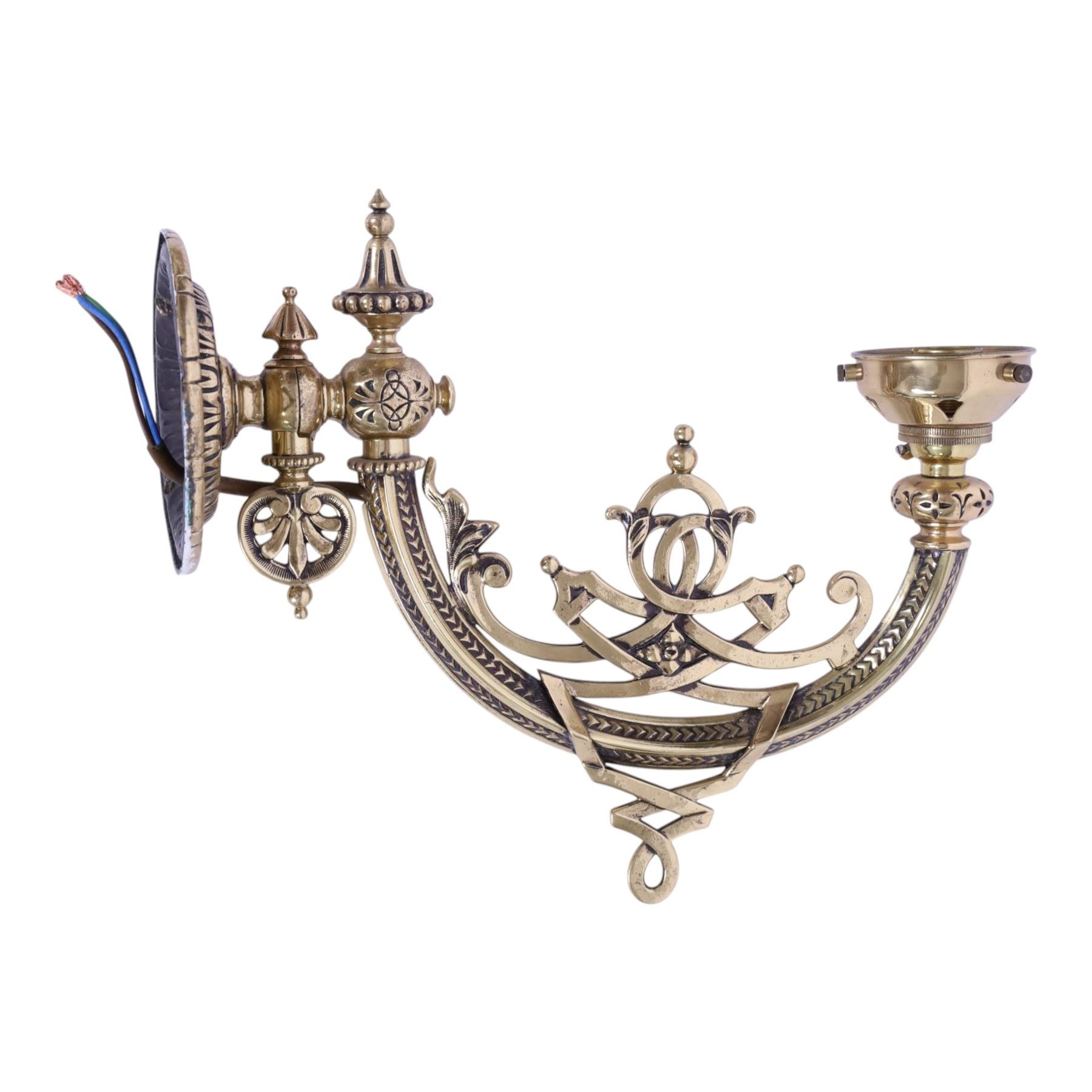 Pair of 19th century brass wall sconces, the articulated curved arms leading to single socket fitting detailed with entwined strapwork, Victorian diamond mark H24cm D28cm