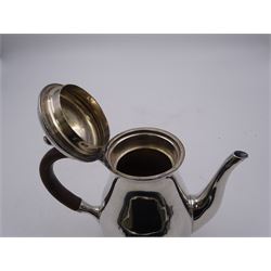 Liberty & Co 1930s small silver coffee pot, of plain baluster form, with brown Bakelite C handle with trefid mounts and cover with spherical knopped finial, upon circular stepped foot, hallmarked Liberty & Co, Birmingham 1934