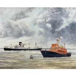 D A Chapman (British 20th century): 'M V Rockhampton Star and Humber Lifeboat', oil on board signed, titled verso 39cm x 49cm