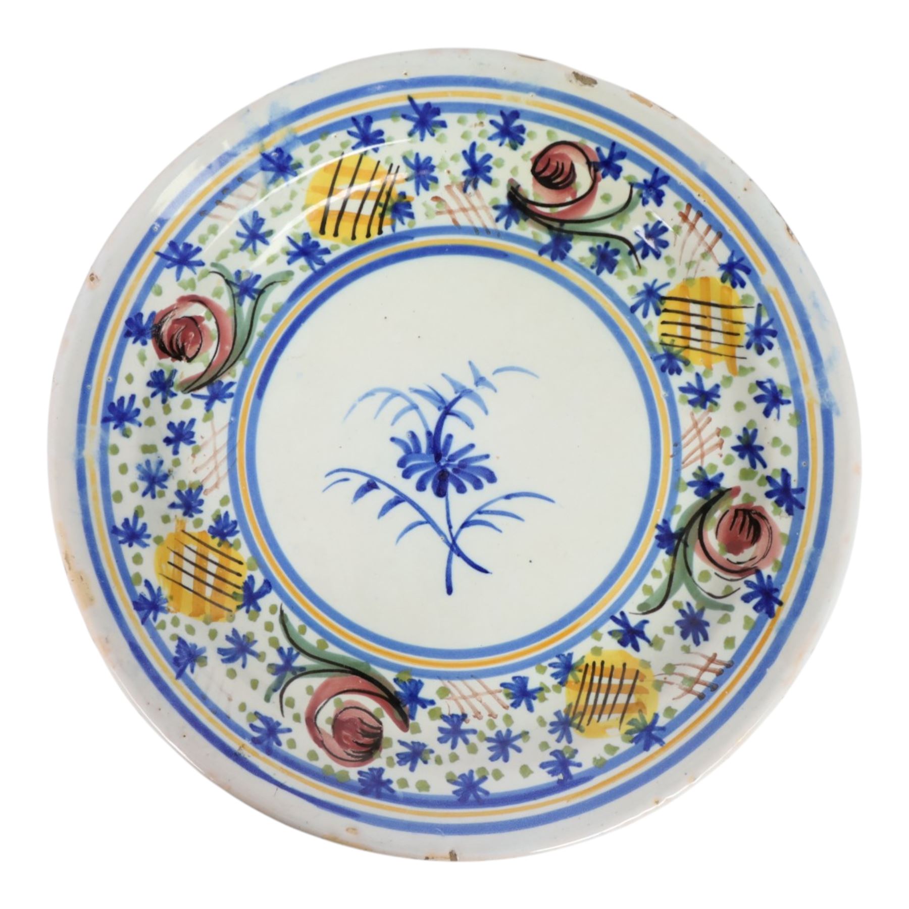 Pair of 20th century Spanish tin glazed polychrome plates, each painted with central foliate spray, within a stylised border, D32cm 