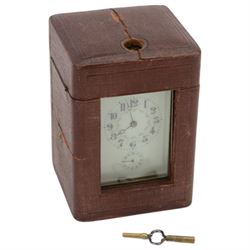French - Early Edwardian corniche cased 8-day carriage clock, decorative enamel dial with floral garlands, Arabic numerals, minute markers, steel moon hands and conforming alarm setting dial, four rectangular glass panels and an oval viewing glass to the top, with a silvered lever platform escapement and 
timing screws to the jewelled balance, twin train rack striking movement with repeat, sounding the hours, half hours and alarm on a coiled gong.  Original traveling case with viewing glass and key.
