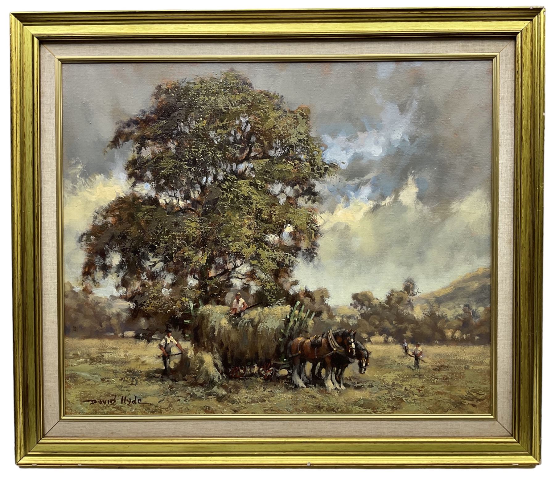 David Hyde (British 1949-): Harvest Scene with Shire Horses, oil on canvas signed 49cm x 59cm