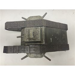 Large clockwork model of a WW1 Tank made of tin-plate and aluminium, with moving side cannons, the clockwork chain driven movement driving the articulated tin tracks; L28.5cms  W16.5cms and H13.5cms