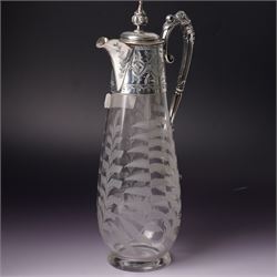 Victorian opaque glass ewer with clear cut decoration and clear glass handle H28cm and an etched glass claret jug with silver plated cover and handle H31cm