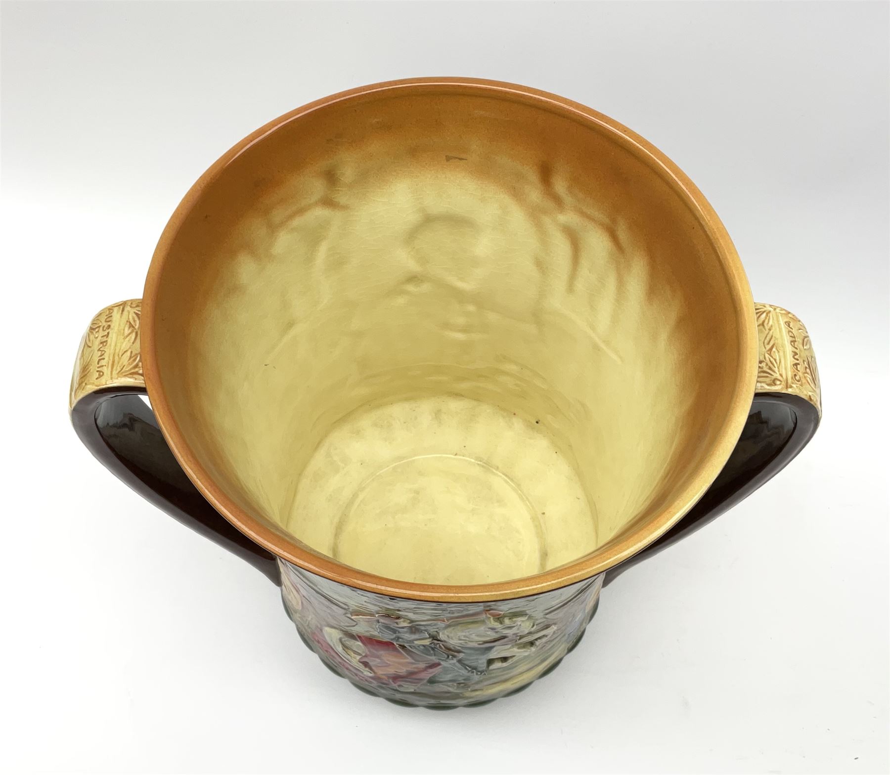 A Royal Doulton Charles Noke and Harry Fenton limited edition Coronation Loving Cup for Edward VIII, 1937, relief moulded with St George to one side and King Edward to the other, with printed marks beneath and numbered 667 of 2000, H26cm. 