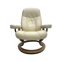 Ekornes Stressless - swivel and reclining armchair upholstered in cream leather, high back and padded armrests, raised on circular base
