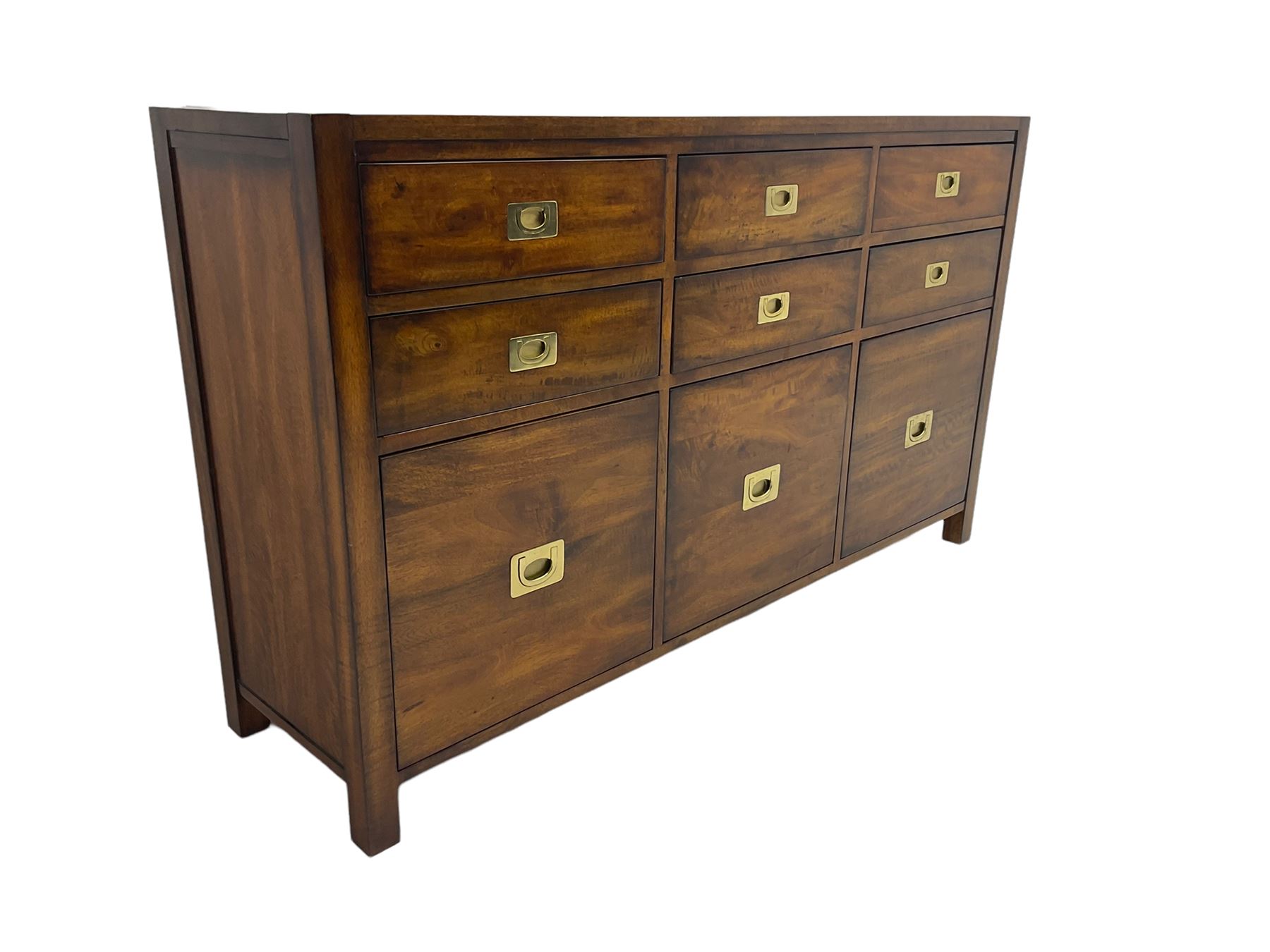 Cherrywood military style sideboard chest, fitted with nine drawers with recessed brass handles