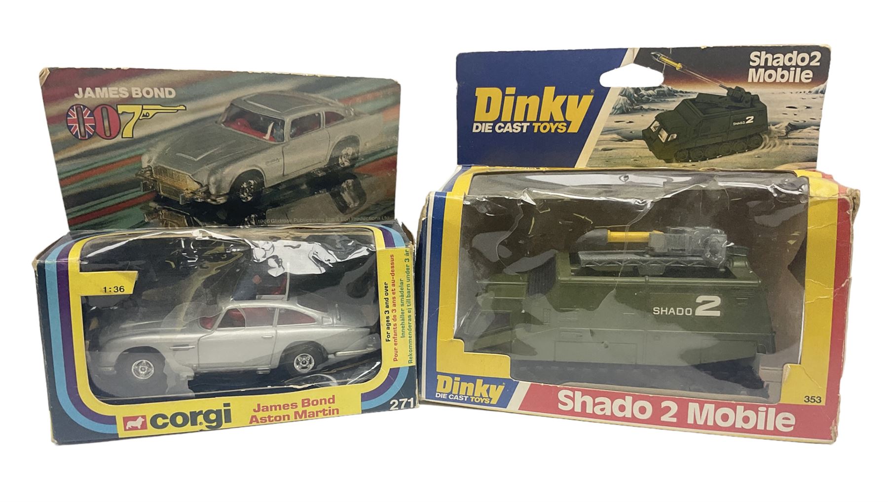 Corgi - die-cast model of James Bond Aston Martin DB5 No.271 with silver body and red interior, gold bumpers and four-spoke wheels, James Bond and two bandit figures; original window box with header card; and Dinky Shado 2 Mobile with one missile No.353; in window box (2)