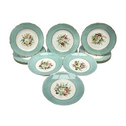 Victorian dessert service, comprising three comports and twelve plates, each decorated with floral sprigs to the centre with a blue and gilt border