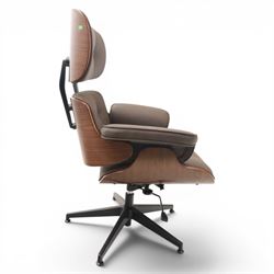 In the manner of Eames' Lounge chair, contemporary brown leather and plywood recliner and footstool, padded leather seat and arm rests, plywood backs raised on a black metal frames, reclines and swivels on a five point base  