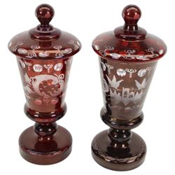 Pair of Victorian Bohemian ruby glass goblet and cover, together with a blue glass decanter and a ruby plate with silvered overlay, goblets H24cm 