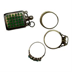 14ct gold single stone opal ring, two 9ct gold stone set rings including turquoise and amethyst and topaz and a silver enamel scent bottle pendant