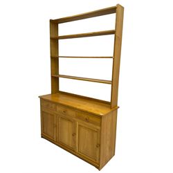 Treske - ash dresser, raised three height plate rack over three drawers and three panelled cupboards