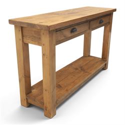 Indigo Furniture - rustic oak console table, two frieze drawers metal cup handles, stile supports with full length undertier