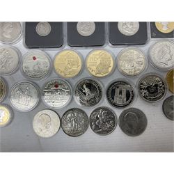 Mostly commemorative coins including Queen Elizabeth II Bailiwick of Jersey 2016 five pounds, various other commemorative five pound and crown coins, King George VI 1951 five shillings, United States of America 1883 nickel etc.