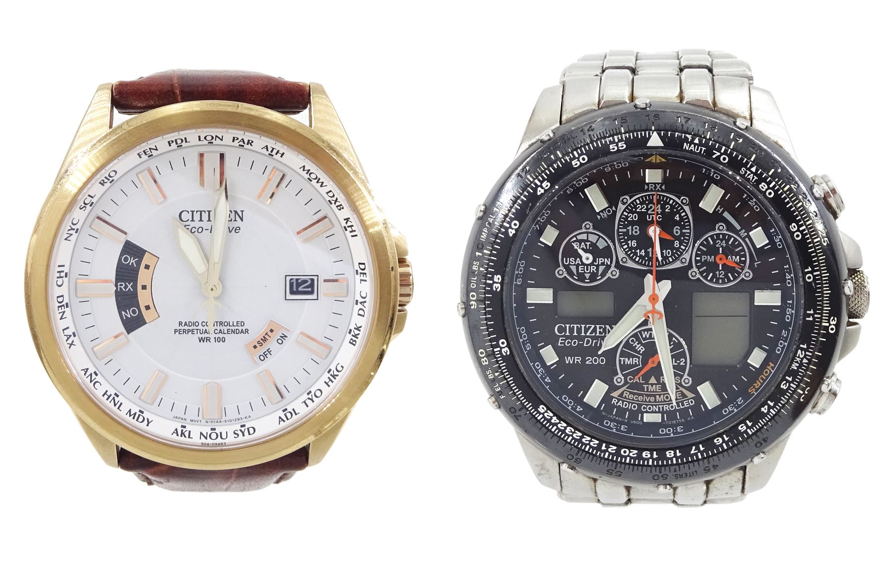 Citizen Eco-Drive Radio Controlled gentleman's stainless steel quartz wristwatch, on original stainless steel bracelet, with fold-over clasp and one other Citizen Eco-Drive Radio Controlled gentleman's gold-plated and stainless steel quartz calendar wristwatch, on brown leather strap
