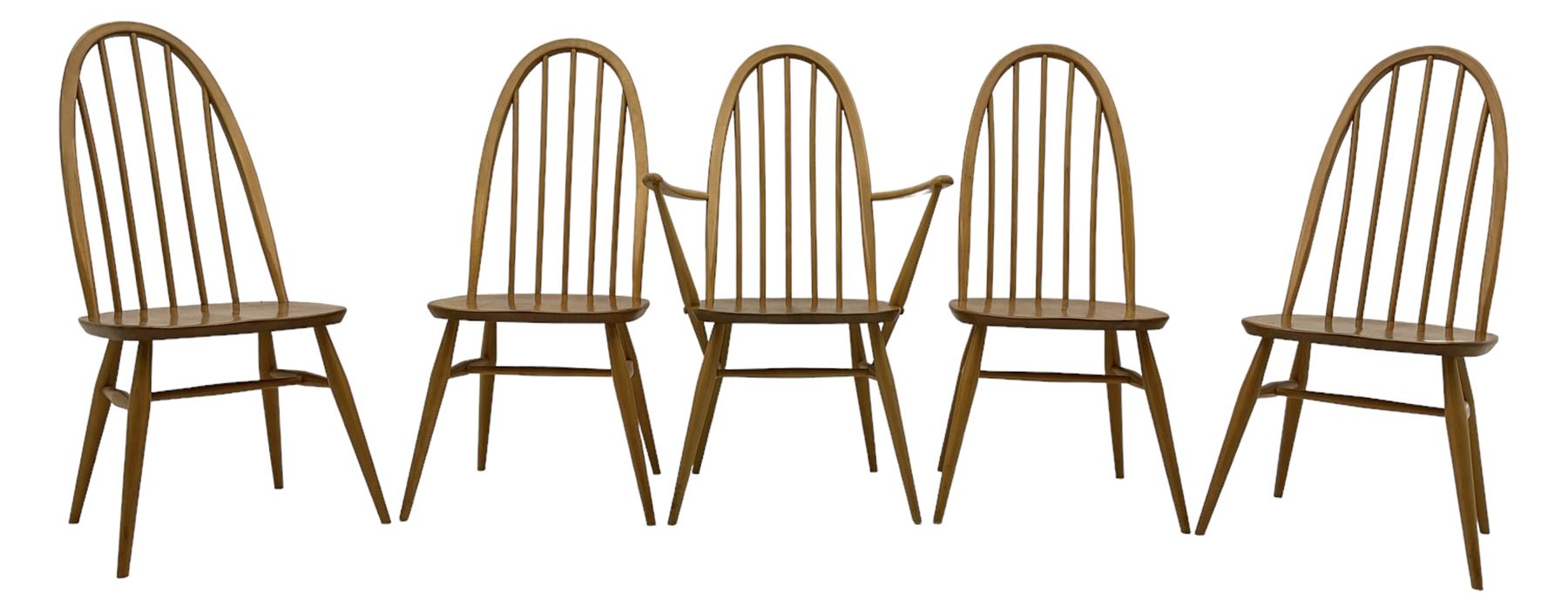 Ercol - set if five (4+1) elm and beech 'Windsor' dining chairs, high hoop and stick back, on tapering splayed supports united by H stretchers 