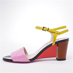 Fendi - pair of heeled sandals, in multicoloured pink, lime green red and brown patent leather, with black soles and block heels, slingback strap with gold-tone buckle fastening, size 37, unused with original dust bags