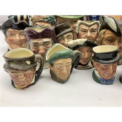 Collection of Royal Doulton and Beswick character jugs of various sizes, including North American Indian D6611, The Falconer D6533,  Tony Weller 281, Sairey Gamp 371 etc
