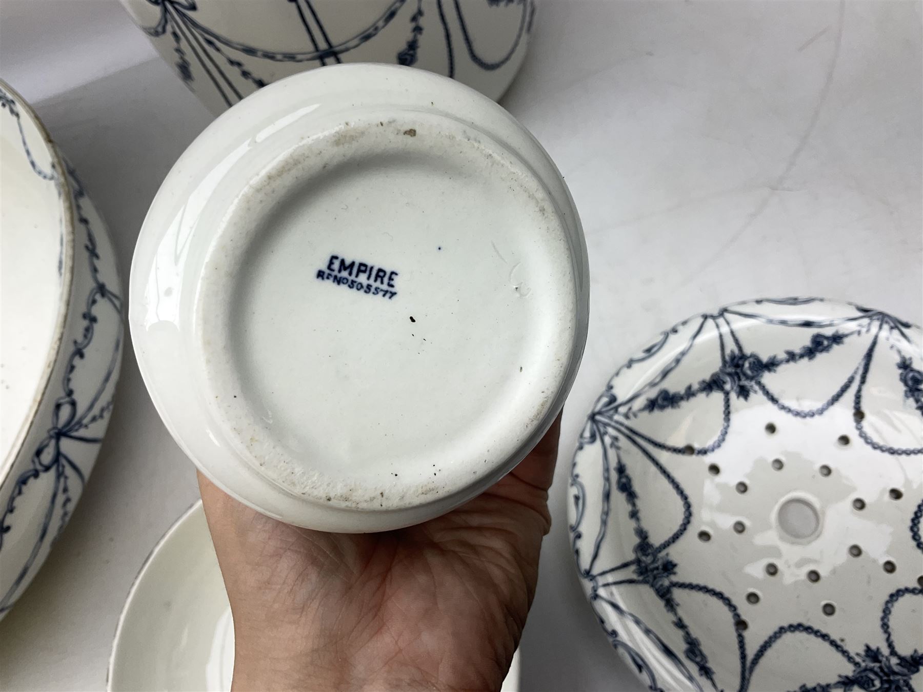 Victorian Empire blue and white transfer printed slop bucket with lid, H28cm excl handle, wash jug and bowl set with toothbrush holder, soap dish and drainer etc