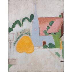 Cubist School (20th Century): Church with Pink Roofed Houses, unfinished oil on canvas uns...