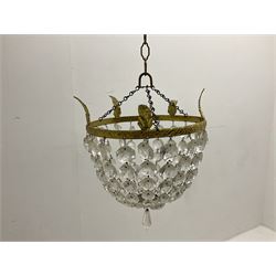 Pair of gilt metal bag chandeliers with faceted glass drops, without fixings H26cm 