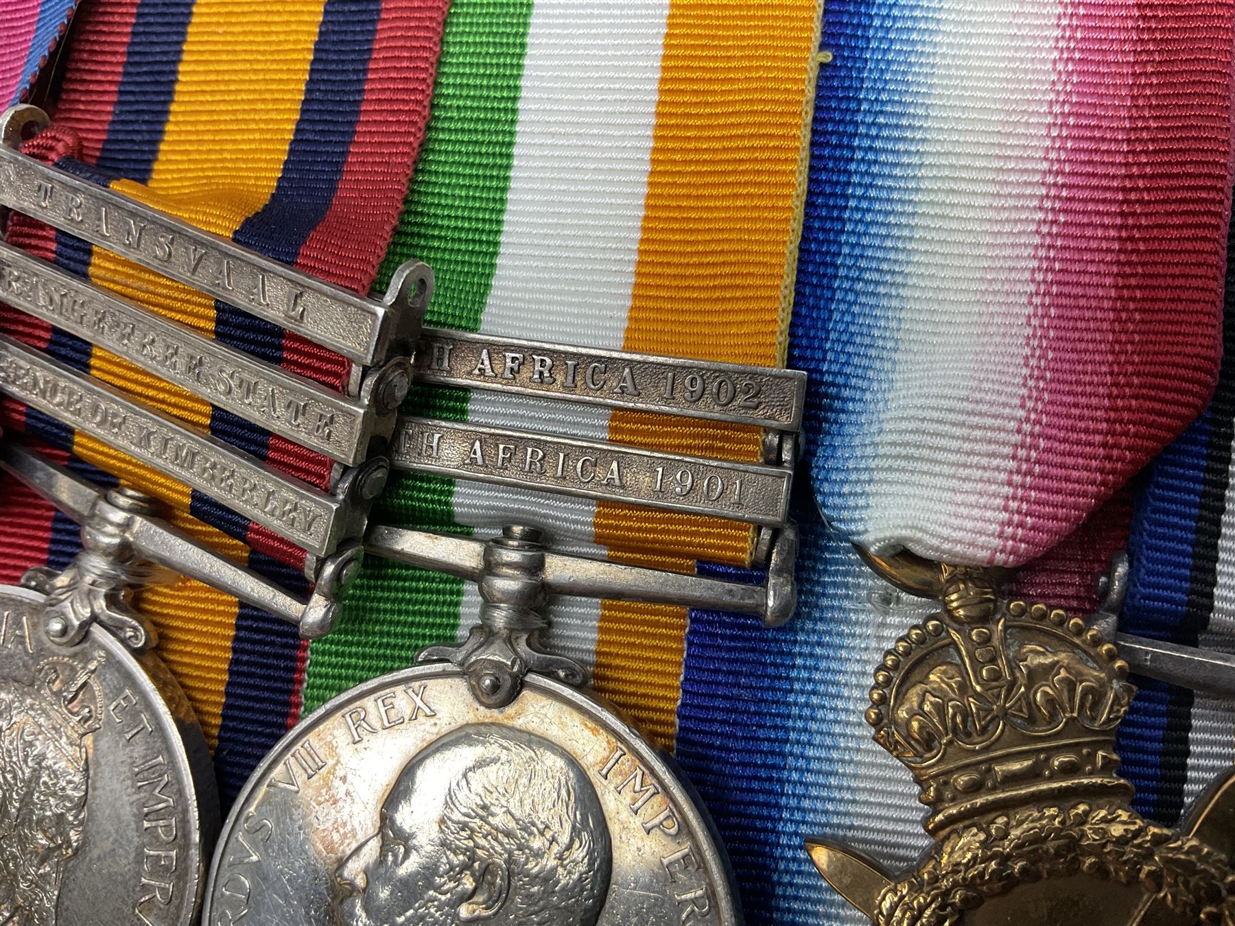 South Africa/WW1 Distinguished Service Order group of seven medals comprising D.S,O. with original ribbon bar and top bar slider, Queens South Africa Medal with three clasps for Defence of Kimberley, Orange Free State and Transvaal, Kings South Africa Medal with two clasps for South Africa 1901 & 1902 awarded to Capt. C.J. O'Gorman D.S.O. R.A.M.C., 1914-15 Star, British War Medal and Victory Medal with MID oak leaves awarded to Major (later Lt. Col.) C.J. O'Gorman D.S.O. R.A.M.C. and Kimberley Star 1899-1900; together with copies of research and biographical material