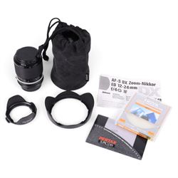 Two Nikkor lenses, comprising AF-S DX 12-24mm 1:4G ED serial no. 259461 and Zoom-Nikkor 43-86mm 1:35 zoom serial no. 1047648